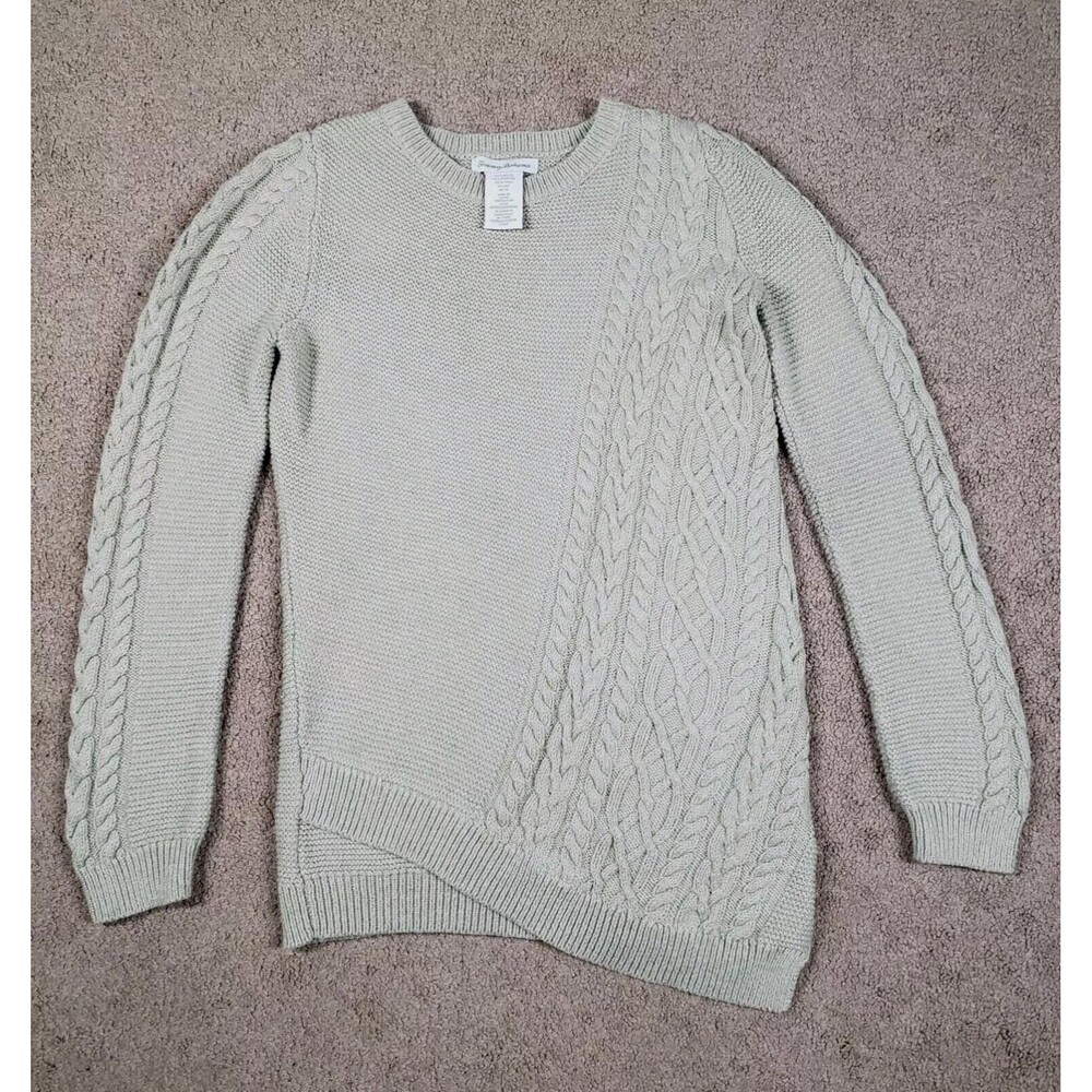 Tommy Bahama Sweater Siz L(10/12) Cream Cable Knit Crew Neck Asymmetric Metallic